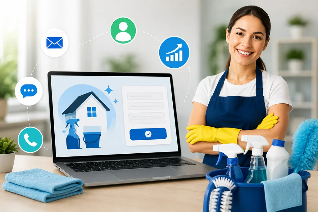 Modern cleaning business lead generation illustration featuring a professional cleaner, cleaning supplies, laptop booking interface, and digital customer communication icons representing website conversions and online booking automation.